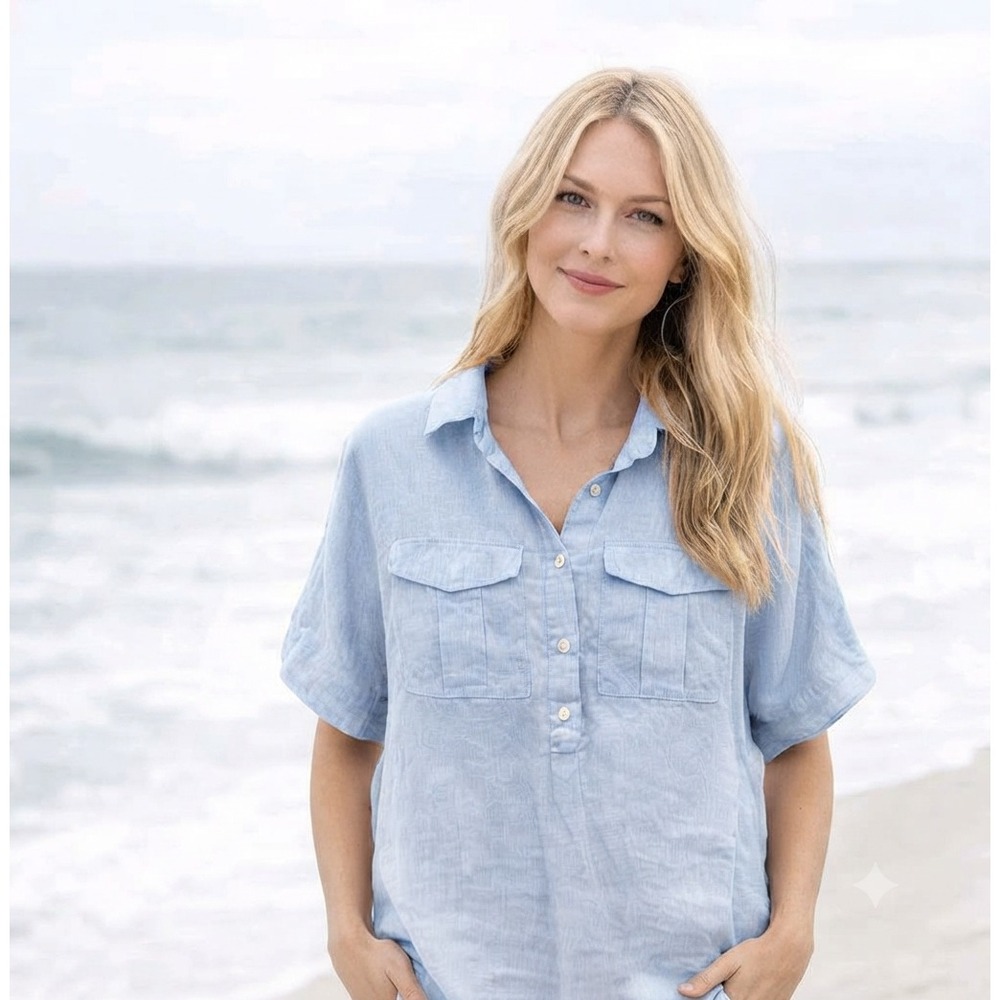J CREW Linen Shirt Baird McNutt Pure Irish Popover Coastal Beach - Size 00 Blue